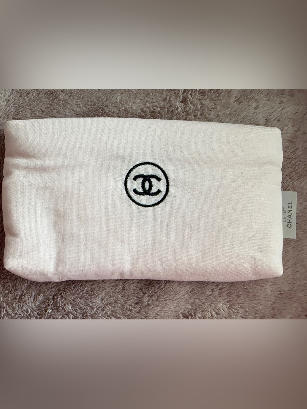 CHANEL White Pouch with Black Embroidery Logo NWOT